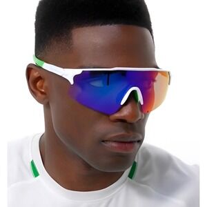Mens Sport  Sunglasses White Green Iridescent Mirrored Lens Speed Shades Beach